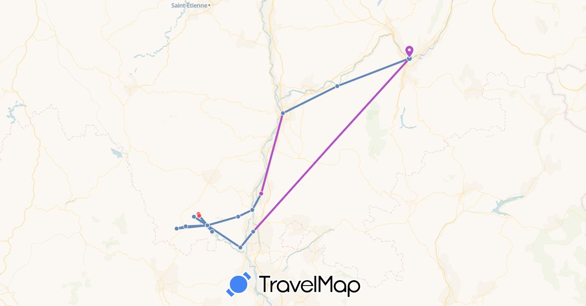 TravelMap itinerary: driving, cycling, train, hiking in France (Europe)