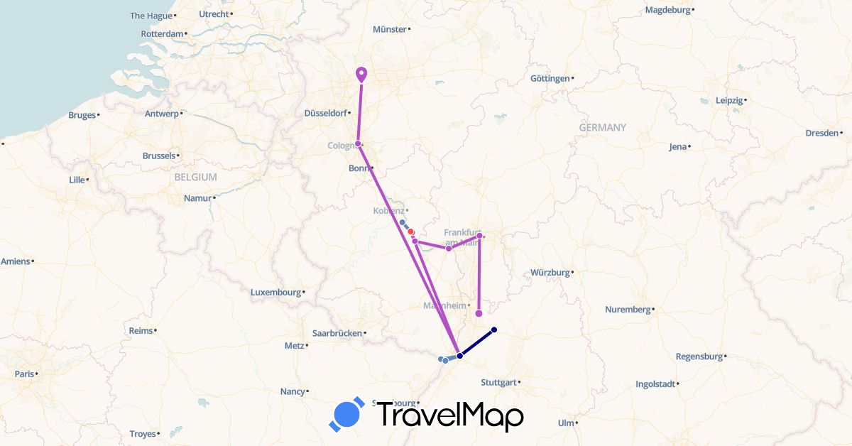 TravelMap itinerary: driving, cycling, train, hiking in Germany, France (Europe)