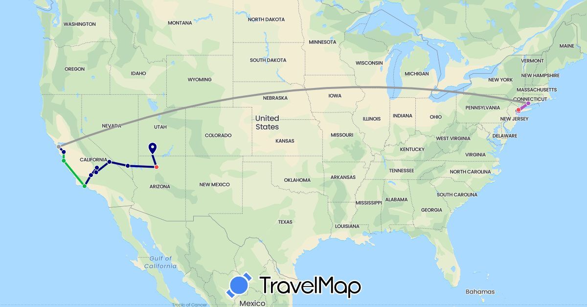 TravelMap itinerary: driving, bus, plane, train, hiking in United States (North America)